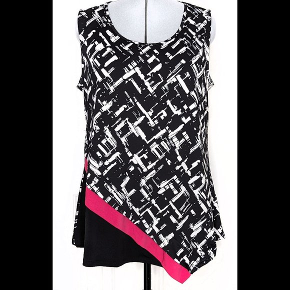 Modern AVENUE 14/16 0X Black, Pink & White Crosshatch Print Sleeveless Blouse - Picture 3 of 4
